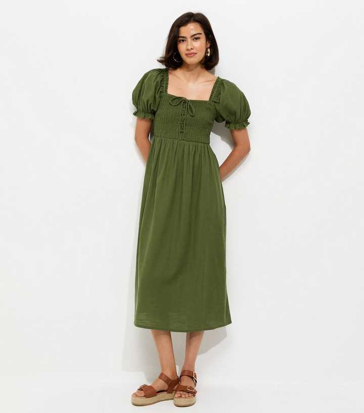 Dark Khaki Cotton Shirred Short Sleeve Midi Dress | New Look Dark Khaki Cotton Shirred Short Sleeve Midi Dress | New Look