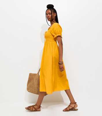 Dark Yellow Cotton Shirred Short Sleeve Midi Dress