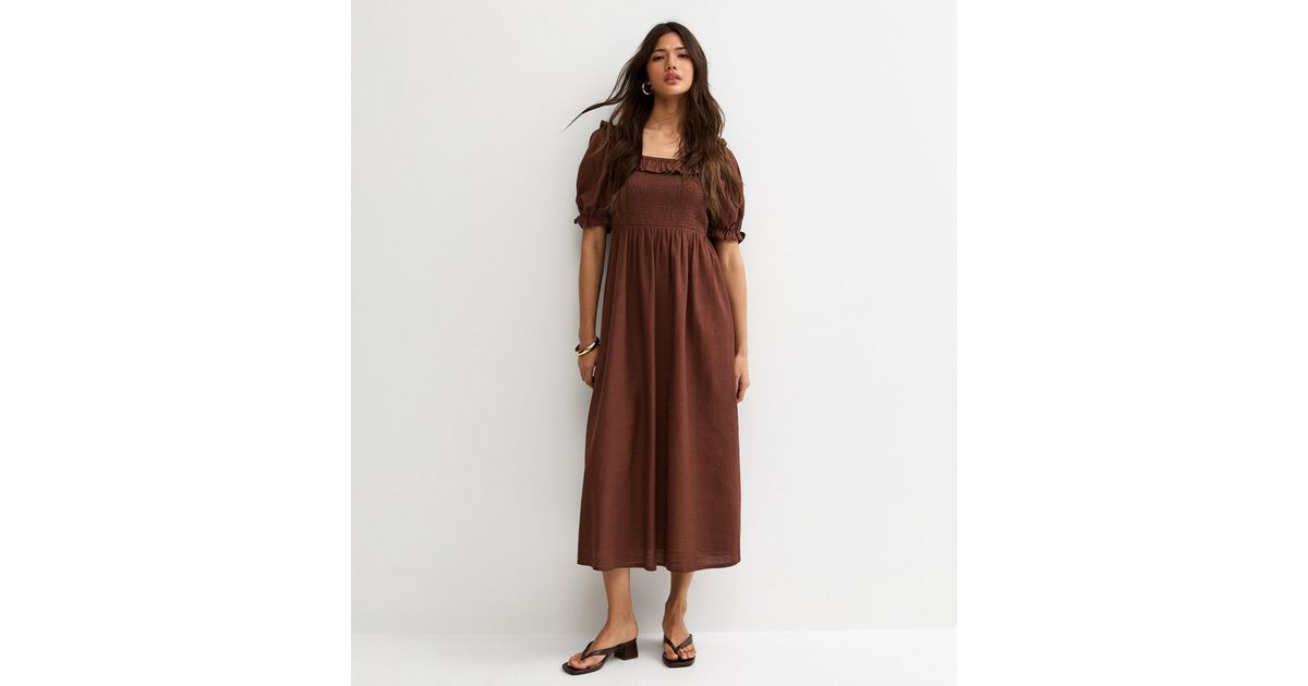 Dark Brown Short Sleeve Shirred Frill Midi Dress