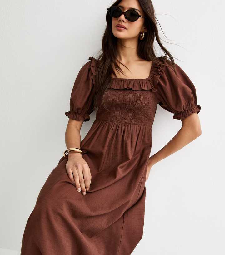 Dark Brown Short Sleeve Shirred Frill Midi Dress | New Look