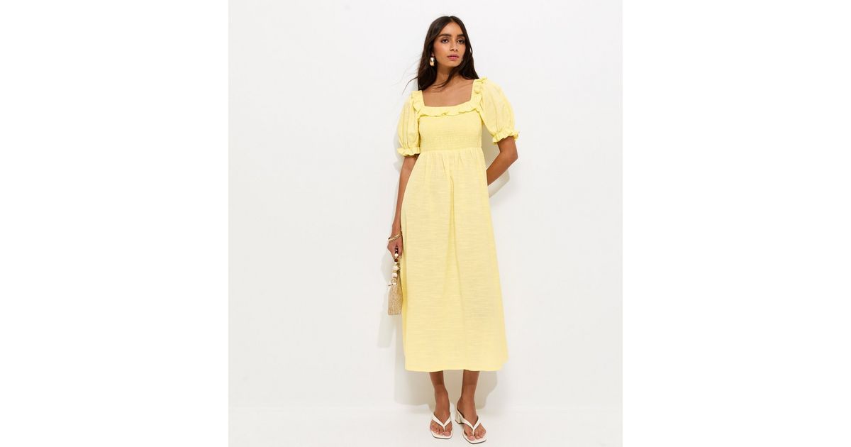 Light Yellow Short Sleeve Shirred Frill Midi Dress | New Look