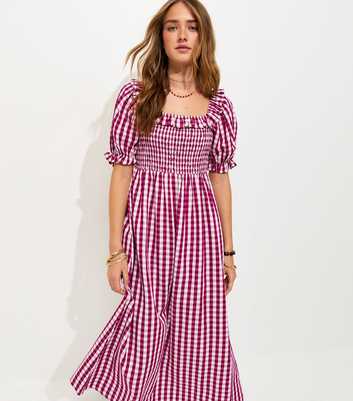 Red Cotton Blend Short Sleeve Gingham Shirred Frill Midi Dress