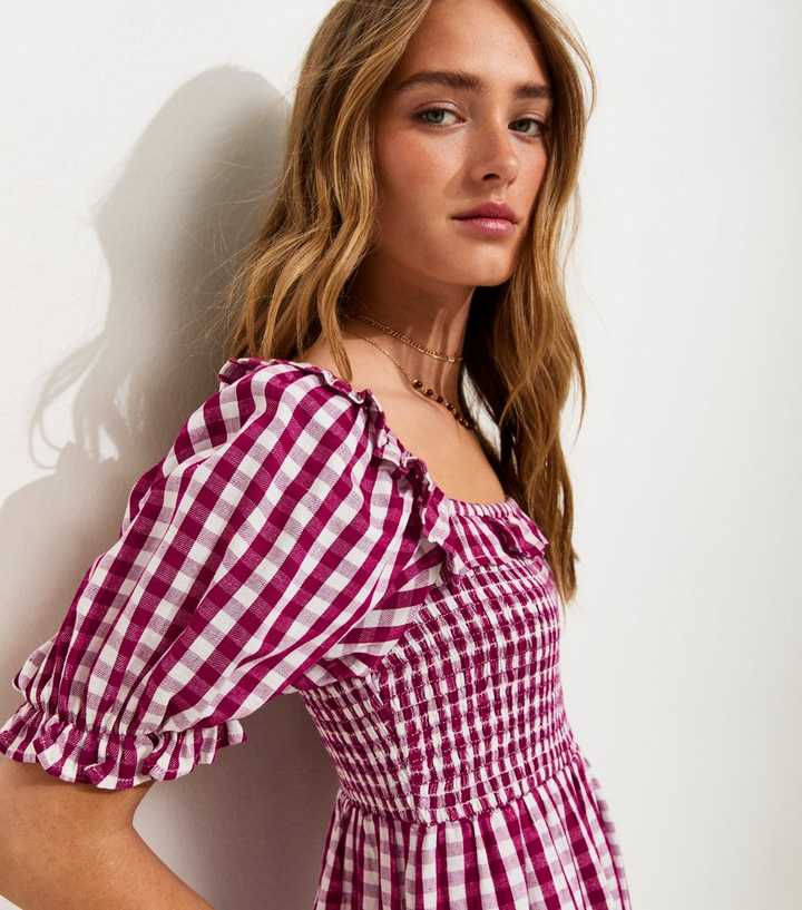 Red Cotton Blend Short Sleeve Gingham Shirred Frill Midi Dress | New Look Red Cotton Blend Short Sleeve Gingham Shirred Frill Midi Dress | New Look