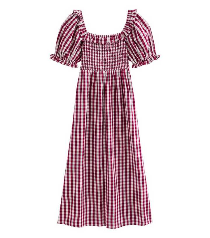 Red Cotton Blend Short Sleeve Gingham Shirred Frill Midi Dress | New Look