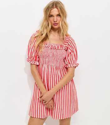 Red Striped Short Sleeve Shirred Frill Mini Dress
