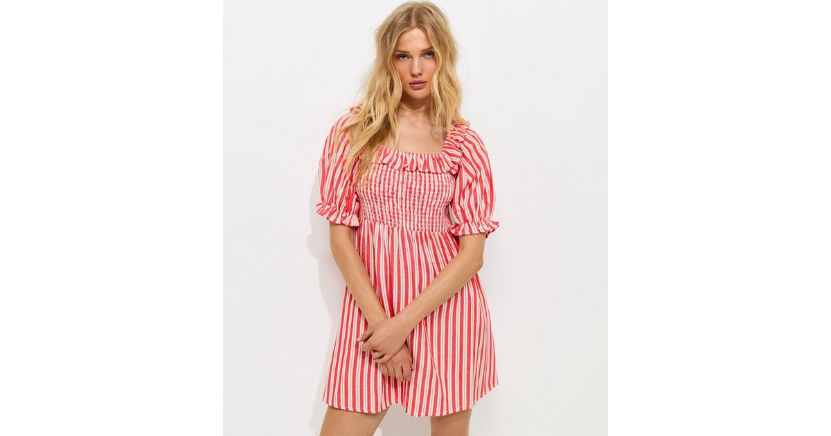 Red Striped Short Sleeve Shirred Frill Mini Dress