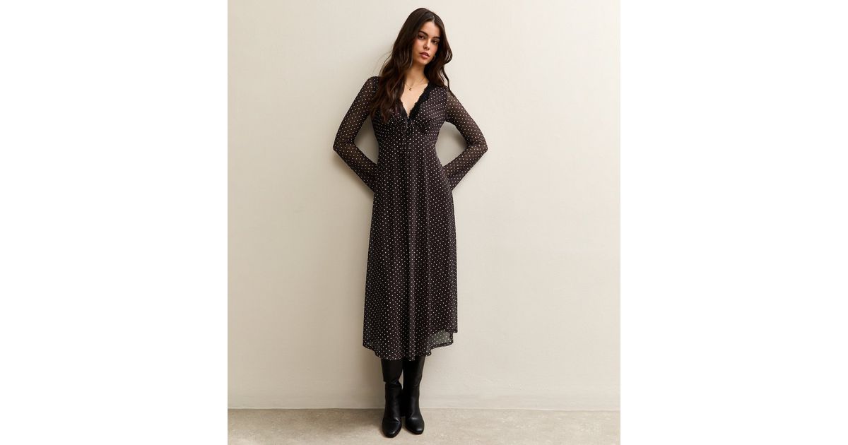 Burgundy Polka Dot Long Sleeve Lace Mesh Midi Dress New Look