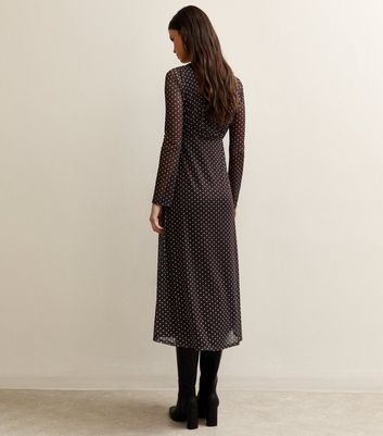 Burgundy Polka Dot Long Sleeve Lace Mesh Midi Dress