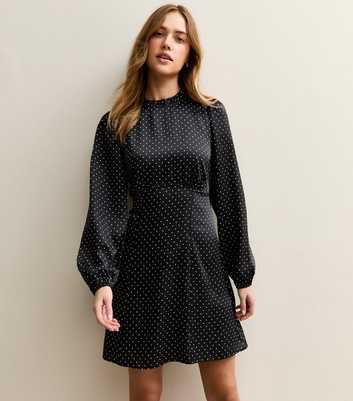 Black Polka Dot Long Sleeve Satin Mini Dress