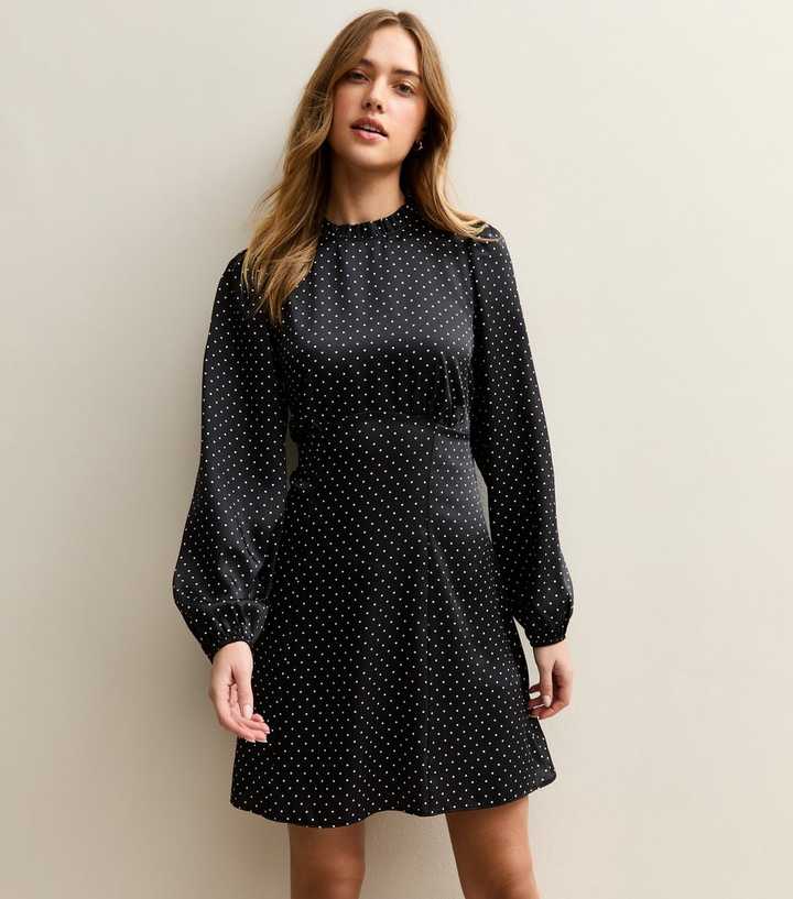 Black Polka Dot Long Sleeve Satin Mini Dress