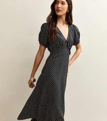 Black Polka Dot Print Short Sleeve Midi Dress