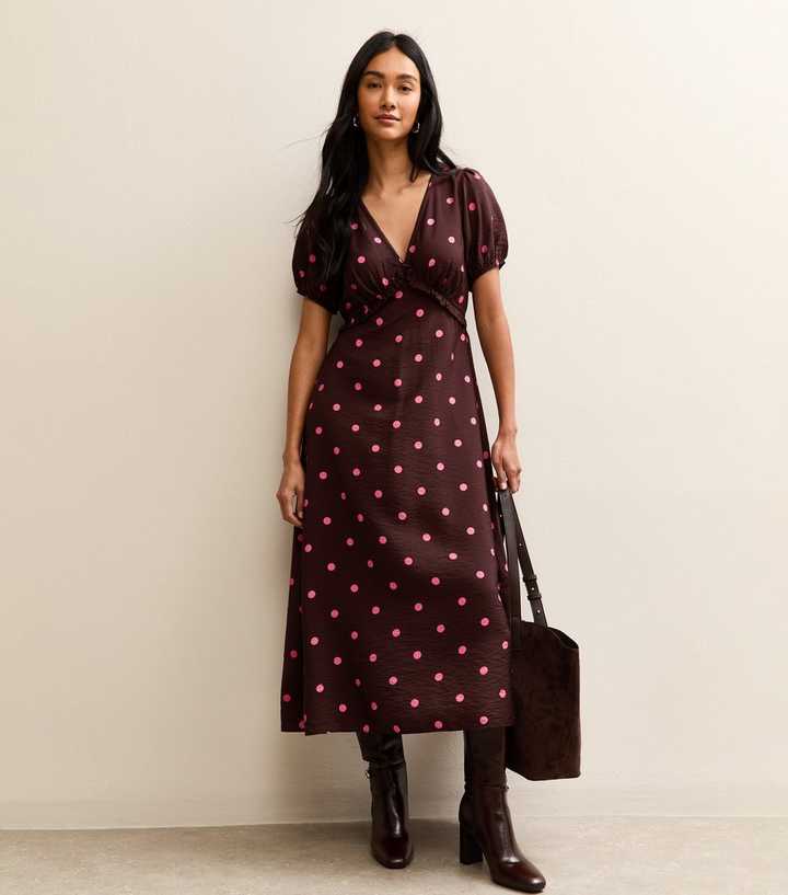 Burgundy Polka Dot Print Short Sleeve Midi Dress | New Look