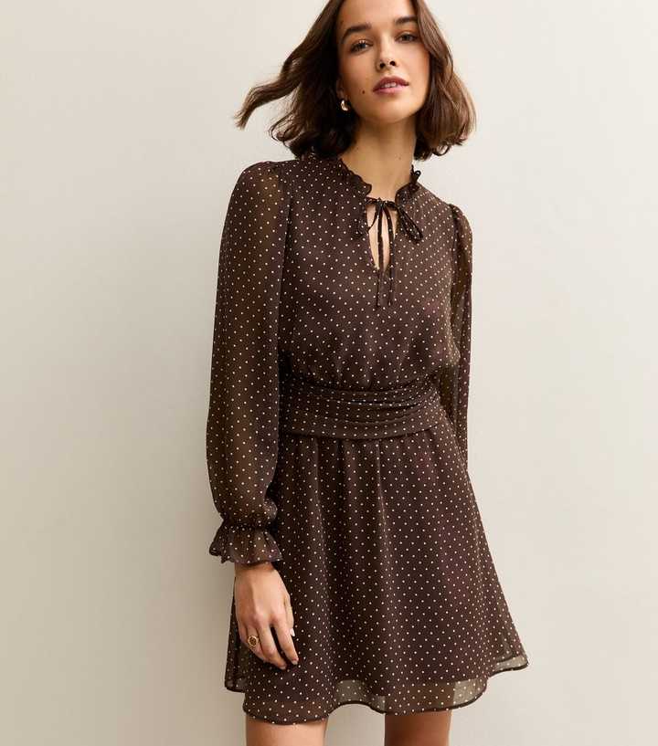 Brown Chiffon Polka Dot Mini Dress