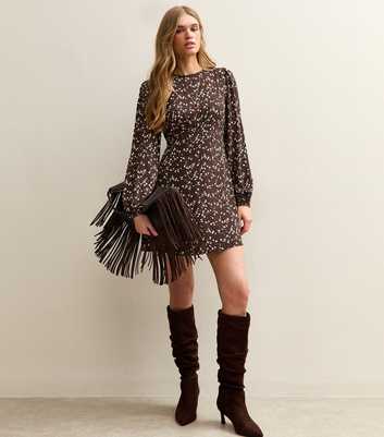 Brown Floral Print Long Sleeve Mini Dress