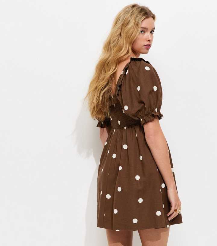 Brown Polka Dot Shirred Short Sleeve Mini Dress | New Look