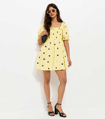 Yellow Polka Dot Shirred Short Sleeve Mini Dress