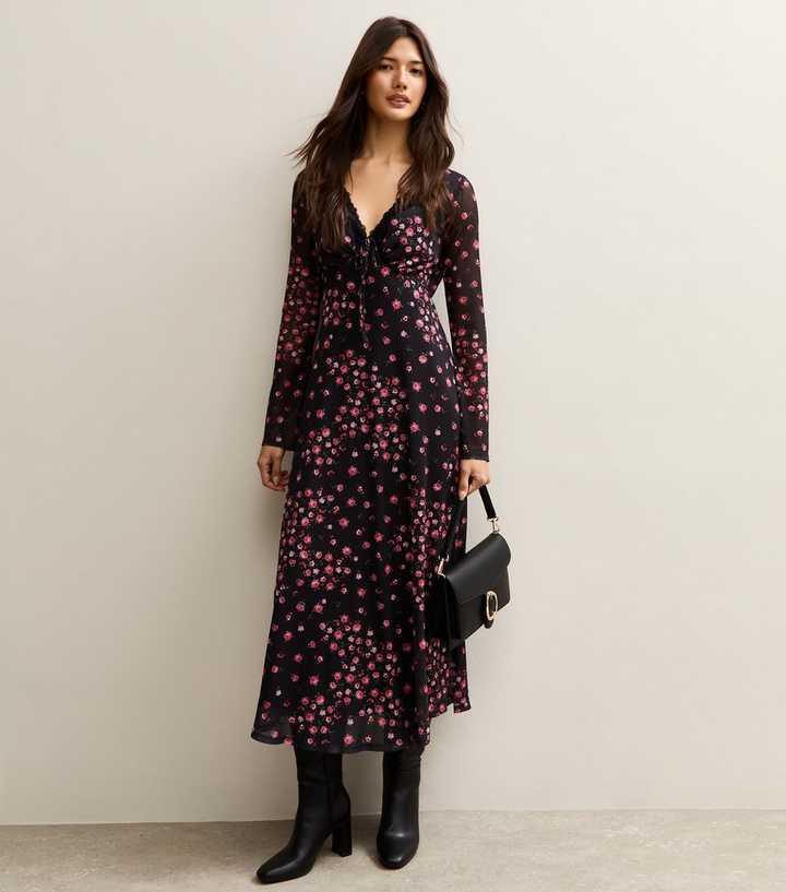 long sleeve midi dress new look Black Rose Mesh Long Sleeve Midi Dress