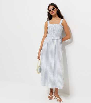 Blue Striped Shirred Bodice Bow Back Midi Dress