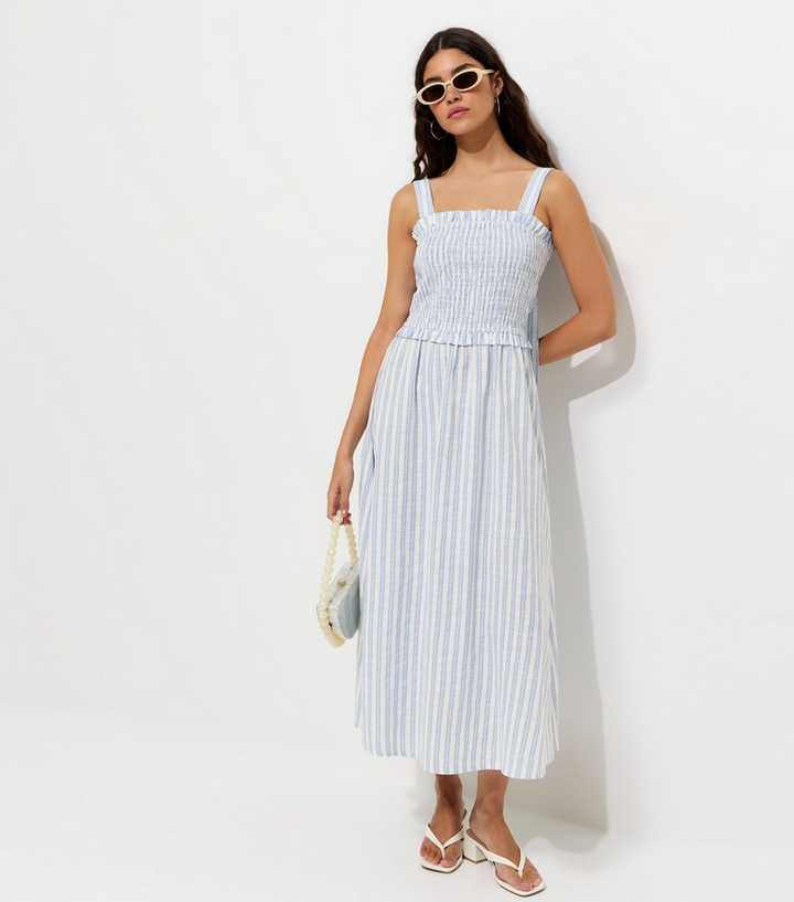 Blue Striped Shirred Bodice Bow Back Midi Dress