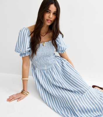 Blue Striped Shirred Puff Sleeve Midi Dress