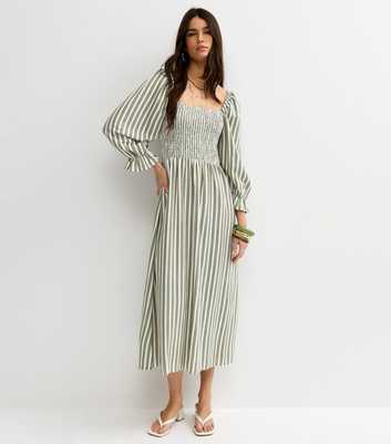 Green Striped Shirred Puff Sleeve Midi Dress