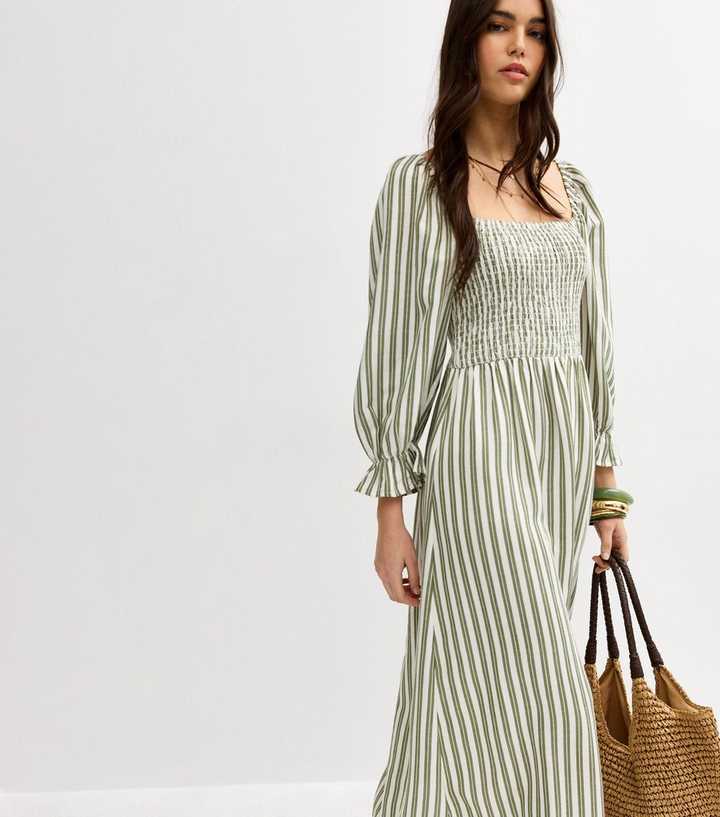 Green Striped Shirred Puff Sleeve Midi Dress | New Look