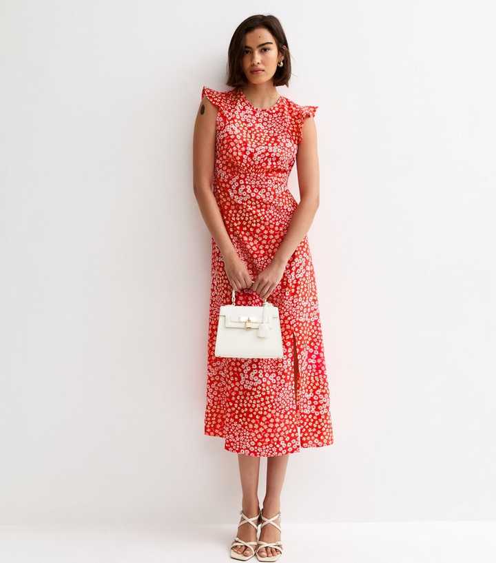 Red Ditsy Floral Frill Midi Dress
