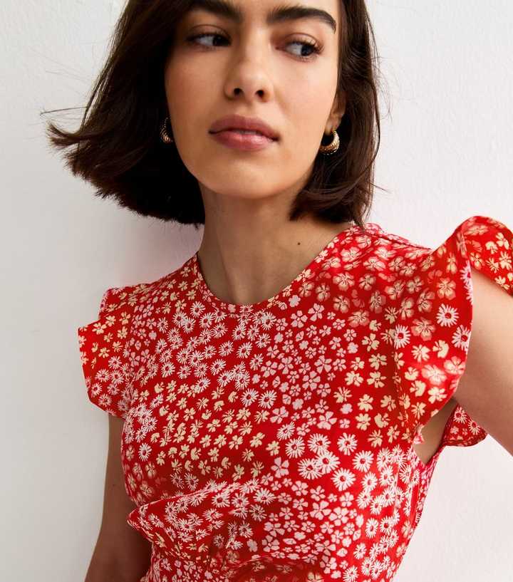 new look red ditsy floral dress Red Ditsy Floral Frill Midi Dress