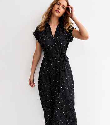Black Crepe Dot Print Collared Short Sleeve Midi Dress