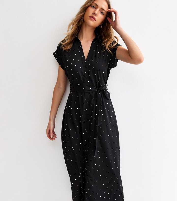Black Crepe Dot Print Collared Short Sleeve Midi Dress