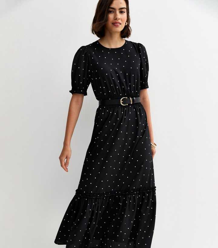 Black Spotty Short Sleeve Tiered Midi Dress