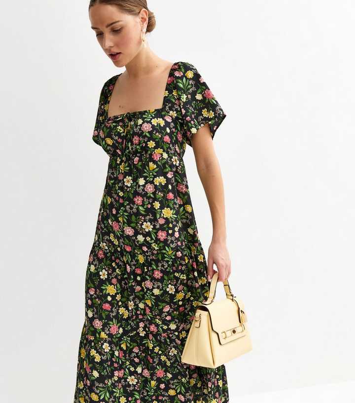 Black Crepe Floral Flutter Midi Dress