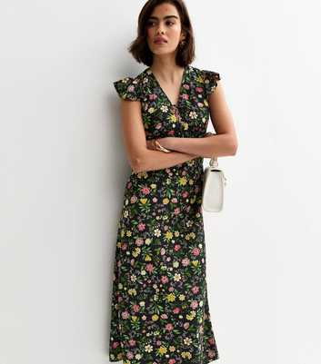 Black Floral Tie Front Midi Dress