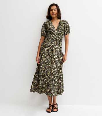 Black Crepe Floral Print V-Neck Short Sleeve Midi Dress