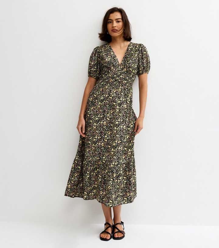 Black Crepe Floral Print V-Neck Short Sleeve Midi Dress