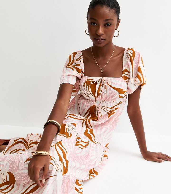 Light Pink Crepe Leaf Print Tiered Midi Dress