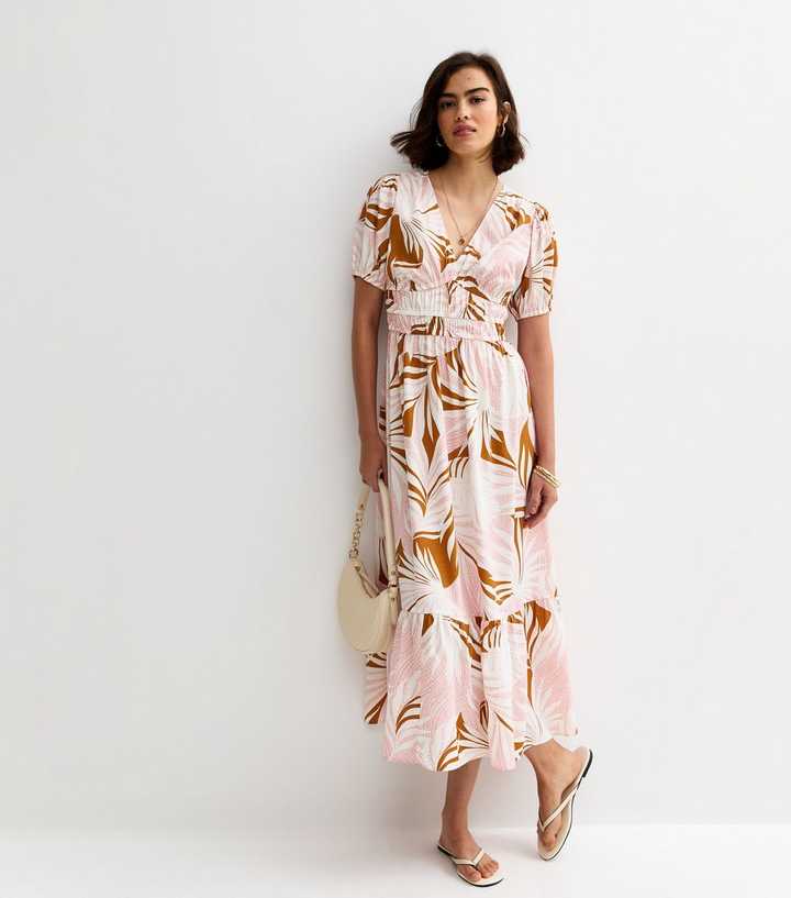 Pink Leaf Print Short Sleeve Midi Dress