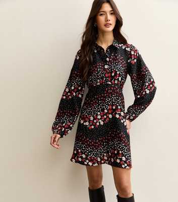 Black Floral Long Sleeve Mini Shirt Dress