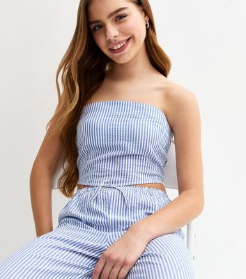 Girls Blue Striped Hanky Hem Bandeau Top