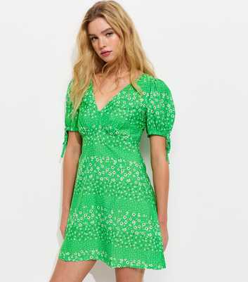 Green Crepe Floral Print Tie Sleeve Mini Dress
