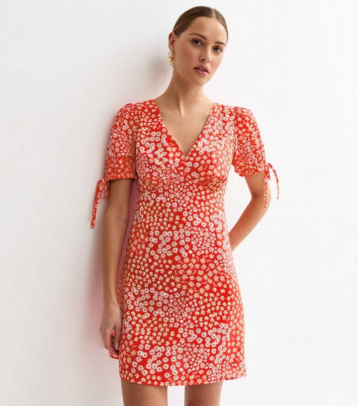 Red Crepe Floral Print Tie Sleeve Mini Dress