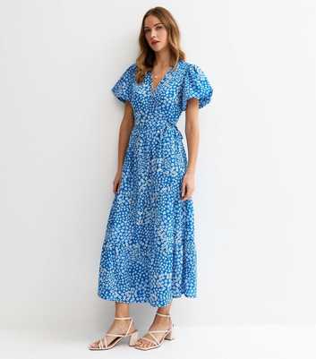 Blue Crepe Floral Print Wrap Midi Dress