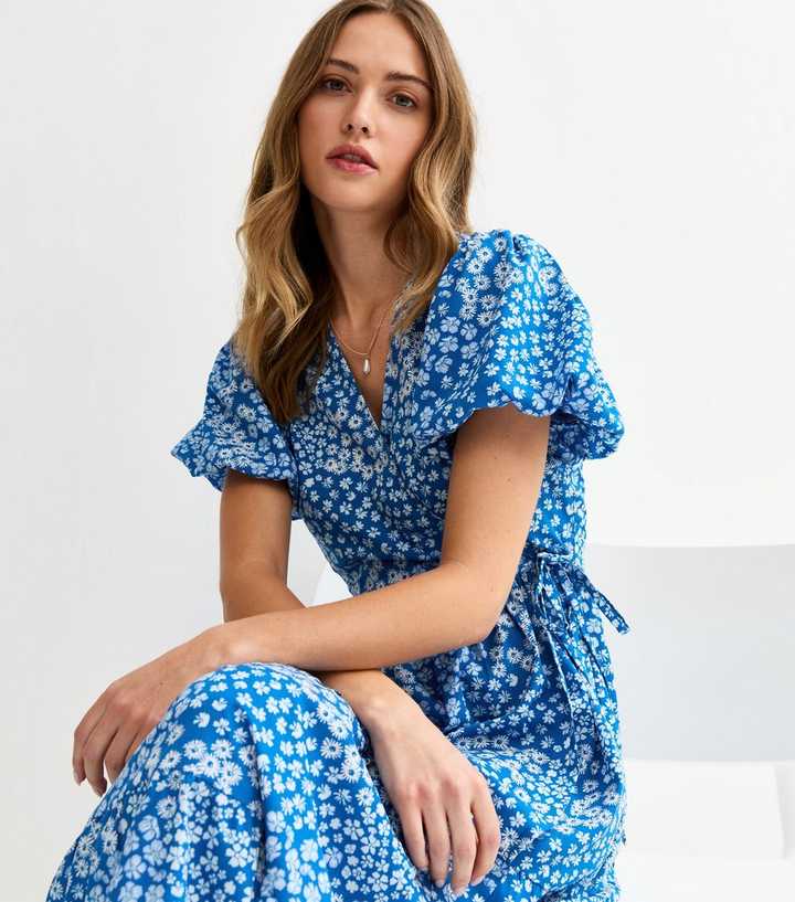 Blue Crepe Floral Print Wrap Midi Dress | New Look