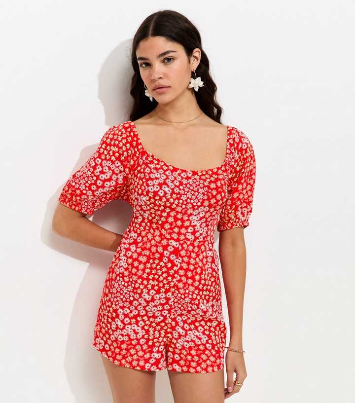 Red Crepe Floral Tie Back Playsuit