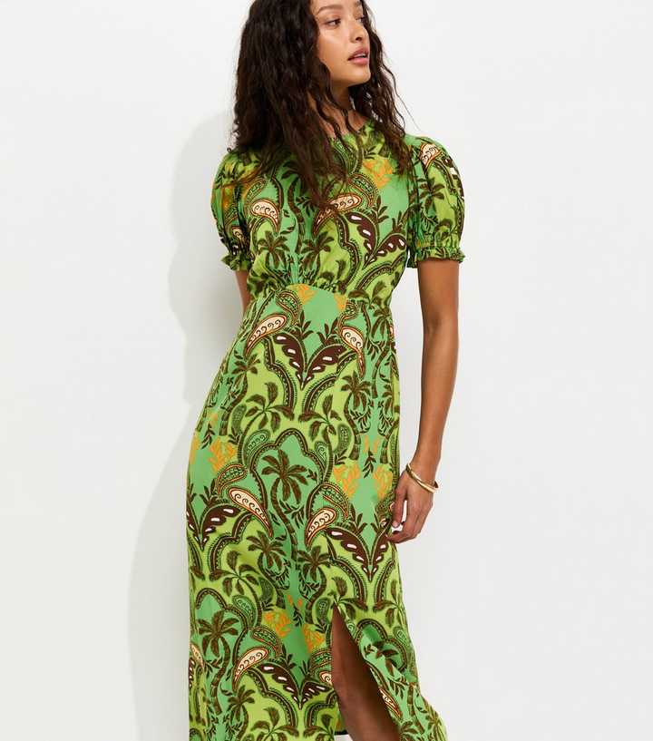 Green Paisley Short Sleeve Midi Dress