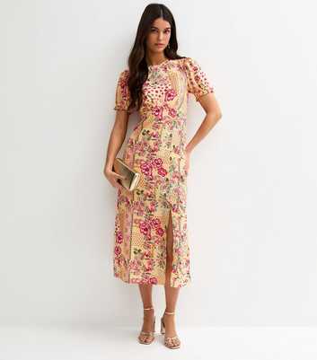 Yellow Floral Short Sleeve Midi Dress