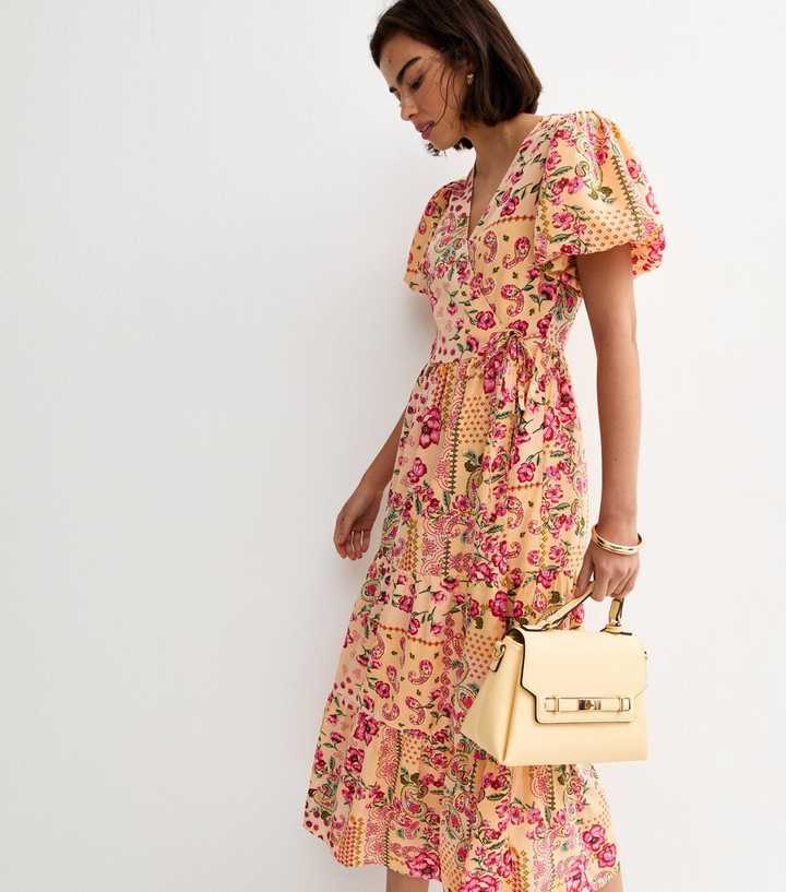 Pink Crepe Patch Print Wrap Midi Dress