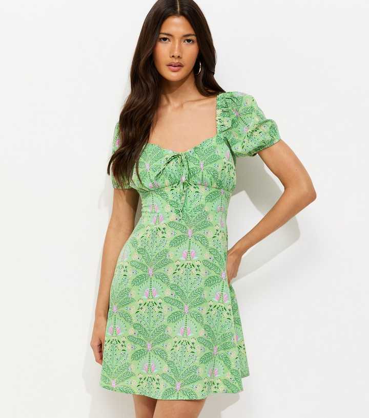 Green Crepe Botanical Print Milkmaid Mini Dress