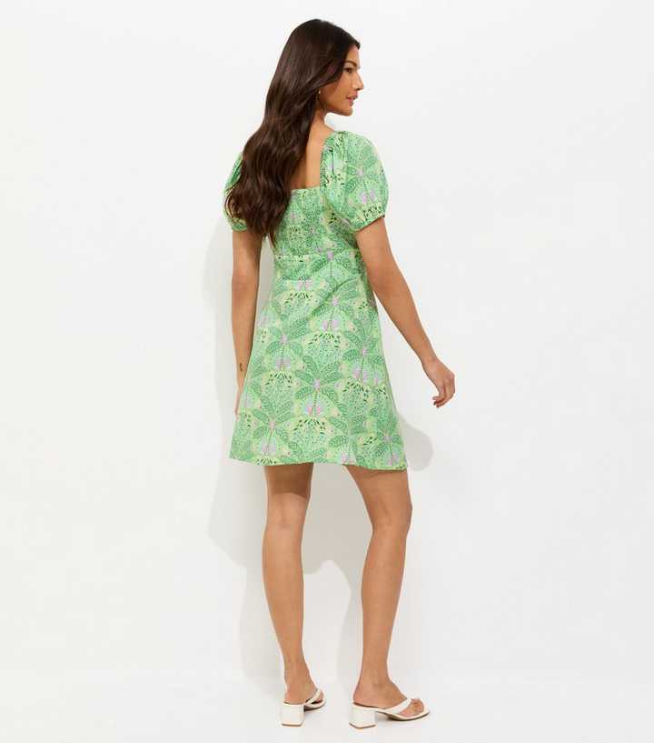 Green Crepe Botanical Print Milkmaid Mini Dress | New Look