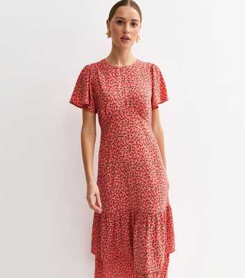 Pink Floral Flutter Sleeve Tiered Midi Dress
